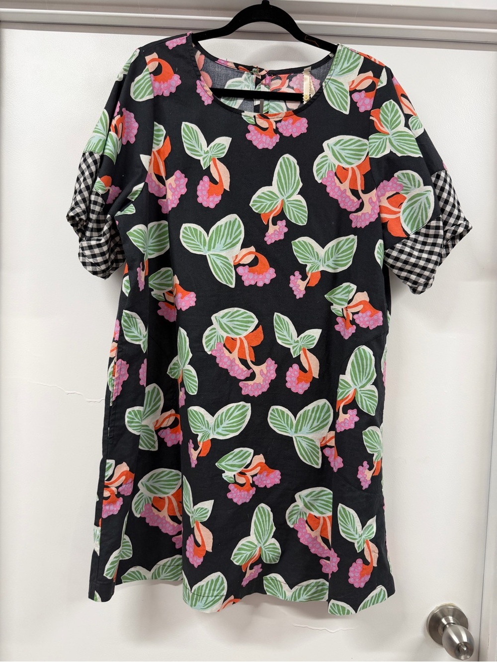 Uncle Frank Black Floral Mini Dress with Green Leaves and Pink Accents